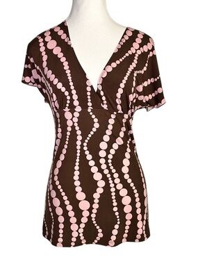 Kiwi Y2K Vintage Brown & Pink Polka Dot Flutter Sleeve Top